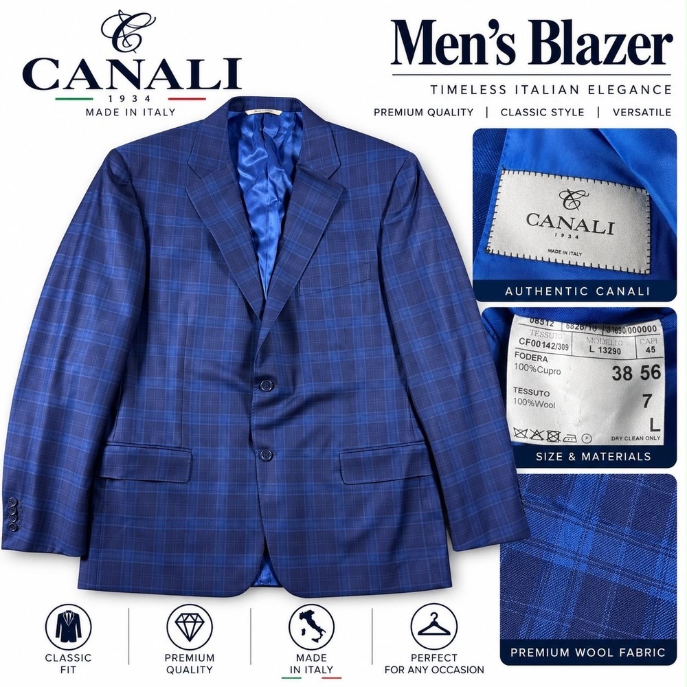 Canali Sport Coat Mens 46L Blue Plaid Wool 2 Button Blazer Italy Made Windowpane